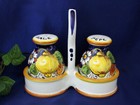 Tuscany Italy Italian Pottery Lemon Blossom Salt   Pepper Set W caddy