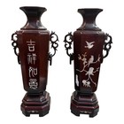 A Pair Of Antique Chinese Rosewood Mother Of Pearl Inlay Vase                                         