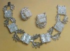 Vtg White Ab Confetti Lucite Book Paneled Leaf Link Bracelet Clip Earrings Set