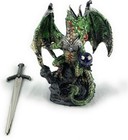 5 h Fantasy Medieval Green Dragon Figurine With Sword And Crystal Ball New box