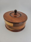 Vintage Hand Turned Round Inlaid Wood Trinket Box Container W lid 6 5  