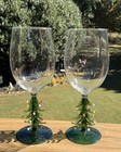 Green Christmas Tree Stem Clear Wine Glass Set Of 2 Hand Painted Goblets New 9   