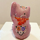 Kutani Ware Maneki Neko Beckoning Lucky Cat Left Hand Pink Porcelain 4  -signed