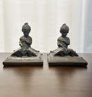 Pair Vintage Antique Heavy Bronze Sitting Girl Reading Books Bookends New York