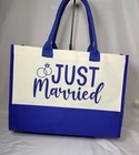 Just Married Wedding Canvas Tote Bag  Bow For Bride Pink  Blue  Yellow  Purple