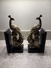 Vtg Pair Set Black Golden Peacock Statue Bookend 10 5 Hollywood Regency Ornate