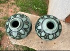 Vintage Korean Signed Set Of 2 Celadon Vase Crackle Glaze Floral Flowers