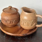 Vintage Hand Carved Teak Wood Creamer Sugar Bowl Tray Hawaii Tiki Style Signed