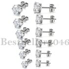 3mm-8mm Stainless Steel Round Clear Cubic Zirconia Men Women Ear Stud Earrings