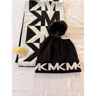 Michael Michael Kors Mk Logo Scarf And Pom Pom Beanie Hat Set Black White New