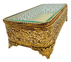 Vintage Gold Filigree Jewelry Box Glass Lid Ornate Trinket Display Hollywood