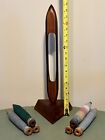 Antique Wooden Loom Shuttle Sculpture With 6 Antique Wood Bobbins Spools