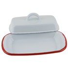 White Covered Enamel Butter Dish With Lid Red Trim Retro Farmhouse