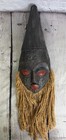 Vintage African Mask Ghana Hand Carved Wood Tall Cone Headdress Raffia Beard