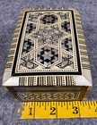 Marquetry Inlaid Mother Of Pearl Mosaic Hinged Wooden Jewelry Trinket Box Vtg