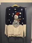 Holiday Time Medium Ugly Christmas Sweater Blue White Knit Sequin Snowman Pompom