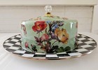 New Mackenzie Childs Green Flower Market Cake Carrier On Courtly Check Platter