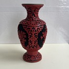 Vintage Chinese Cinnabar Carved Vase Red   Black Exterior Blue Enamel Interior