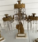 Antique Brass Figural Victorian Candelabra With Crystal Prisms  Marble Base Set 