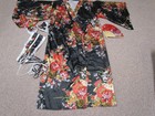 Japanese Kimono Costume Robe Adult One Size Satin Floral Geisha Cosplay Mask Fan