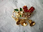 Sleigh Presents Dangling Bells Rhinestones Christmas Pin 1 1 2 Inch Jewelry