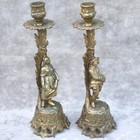 Antique French Pair Of Candle Holders With Statue Of Woman And Man In Botanical