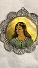 Antique Persian Miniature Brooch Pendant Hand Painted Mother Of Pearl Silver Pin