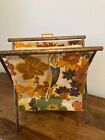 Vintage Knitting sewing Caddy Basket Bag Folding Wood Frame Groovy Flower Design