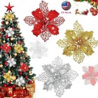 10pcs Glitter Christmas Poinsettia Hanging Flowers Xmas Party Tree Decoration