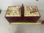 Vintage French Mid Century Modern Accordion Burl Wood Sewing Box Full