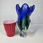 Vtg Royal Gallery Handblown Art Glass Vase Sommerso Cobalt Blue Green Tulip 9 5   