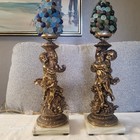 Pair Of Large Antique Art Nouveau Lamps  Brass Cherubs With Onyx Bases