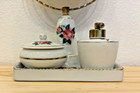 Vintage Japan Rose Vanity Set Perfume Bottle Trinket Box And Mirror Beautiful