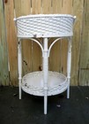 Antique Heywood Wakefield Round White Wicker Sewing Basket Work Table Stand Tag