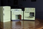 Vintage 1950s Wolverine Tin Toy Kitchen Set     Stove Sink Refrigerator     Lt Yel