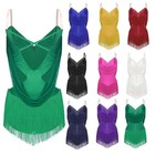 Womens Dance Dress Fringed Leotard Tassels Ruched Mesh Modern Ballroom Dancewear
