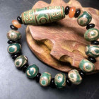 Tibetan Buddhism Natural Old Green Agate Three Eyes Dzi Bead Bracelet