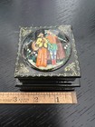 Vintage Russian Black Lacquer Wooden Double Deck Trinket Box Hand Painted
