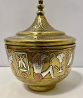 Antique Egyptian Brass Silver Copper Inlay Pictorial Lided Box