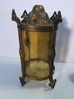 Vintage antique Bronze And Etched Amber Glass Light Fixture Hand Painted