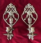 Vintage Ornate Bow   Fleur-de-lis Brass Cast Metal Wall Candle Sconces- Set Of 2