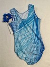 New Gk Elite Gymnastics Leotard Spring Oasis Blue Tank Dance   Scrunchi Size Axs