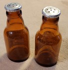 Vintage Acme Beer Bottle 3in  Salt And Pepper Shakers-amber Glass Snap Tops