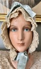 Antique Victorian Ivory Crochet Bonnet W  Blue Ribbon Bow Hat