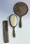 Hand Held Mirror  Brush   Comb Vanity Set 3pc Silver Tone Intricate Detail Vtg