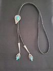 Vintage Sterling Silver  Turquoise Leather Cord Bolo Tie Mexico 925