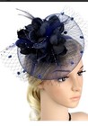 Navy Blue Fascinator Hat With Veil   Flowers     Wedding Or Race Day Headpiece