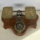 A Stunning Set Of Antique Postal Scales With Weights Brass Oak Table Top C1920s