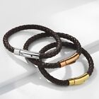 Men Braided Bolo Leather Bracelet W  Stainless Steel Locking Clasp - Black Brown