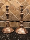 Best 18th C Pair French Brass Candlesticks With Stepped Base And Scrolled Stem